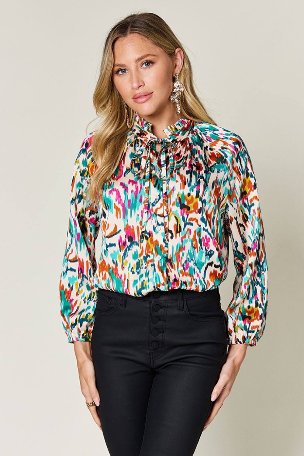 Double Take Full Size Printed Button Up Long Sleeve Shirt - Bella Blue Styles
