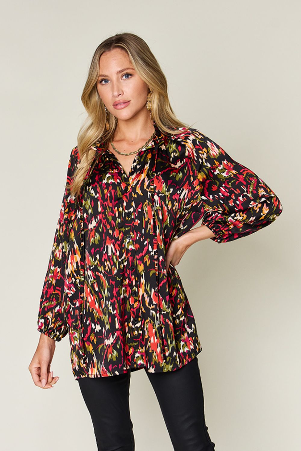 Double Take Full Size Printed Button Up Long Sleeve Shirt - Bella Blue Styles