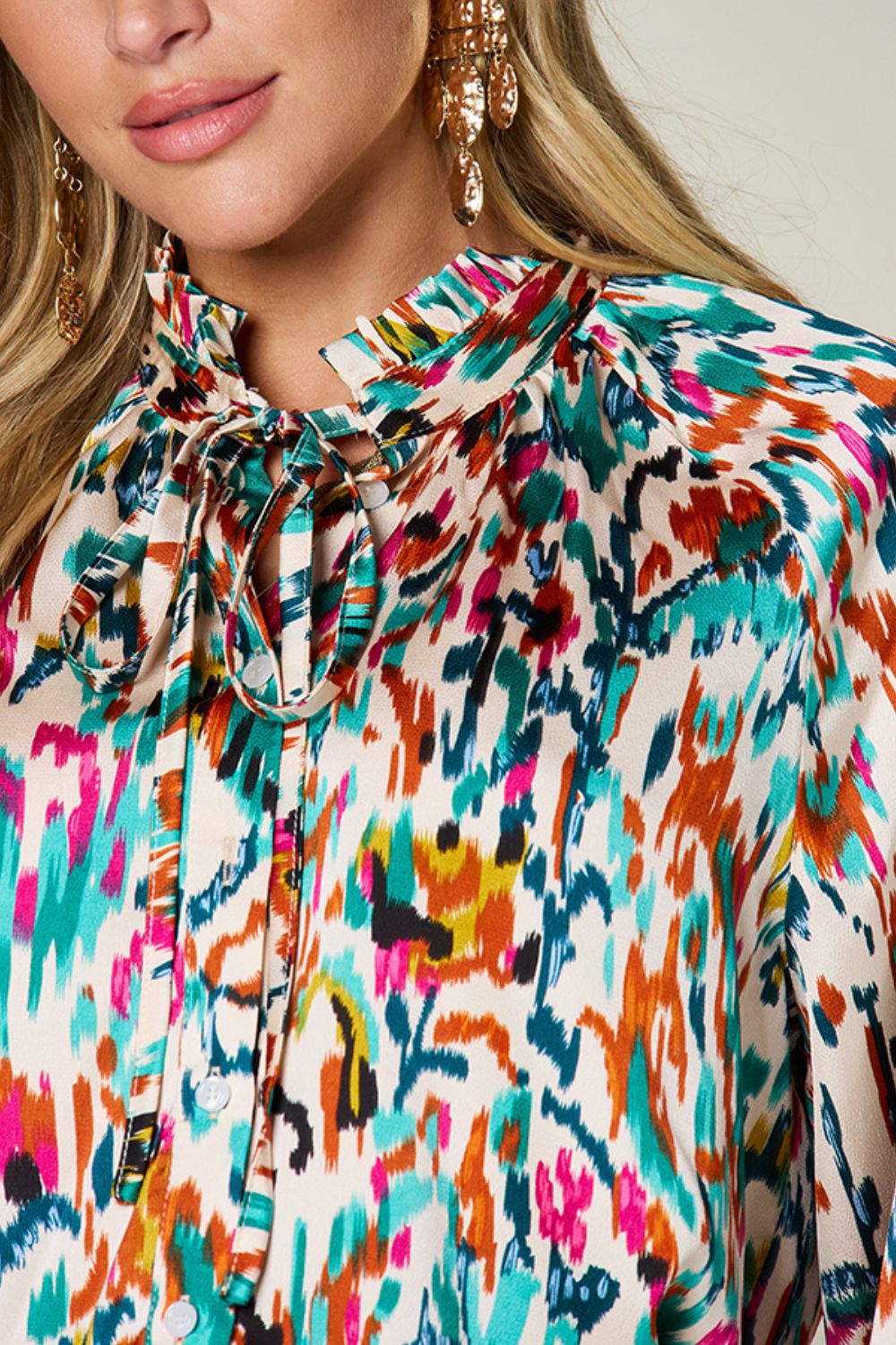 Double Take Full Size Printed Button Up Long Sleeve Shirt - Bella Blue Styles
