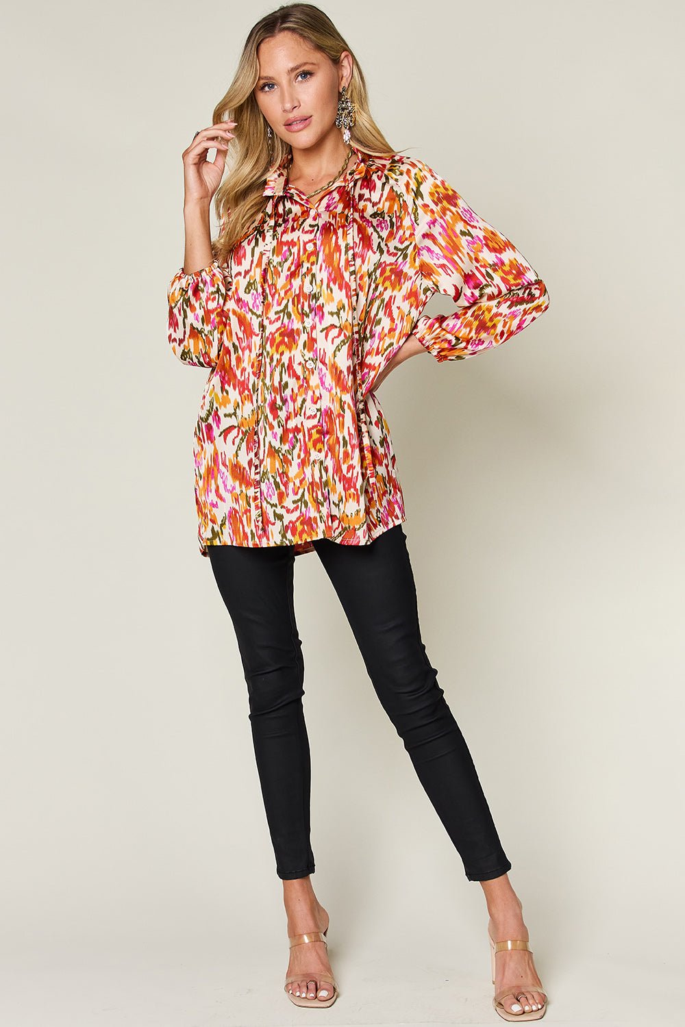 Double Take Full Size Printed Button Up Long Sleeve Shirt - Bella Blue Styles