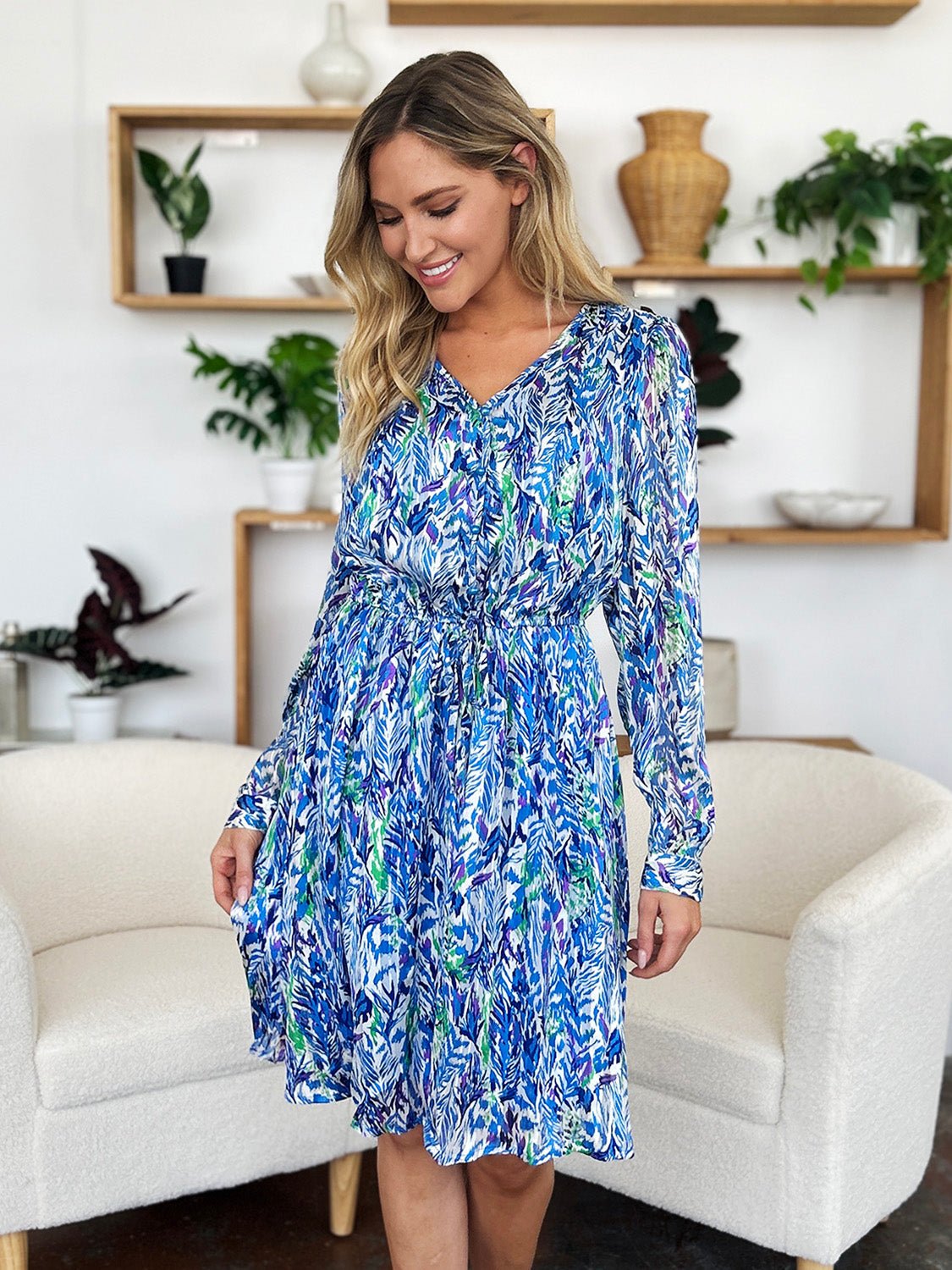 Double Take Full Size Printed Drawstring Waist Long Sleeve Dress - Bella Blue Styles
