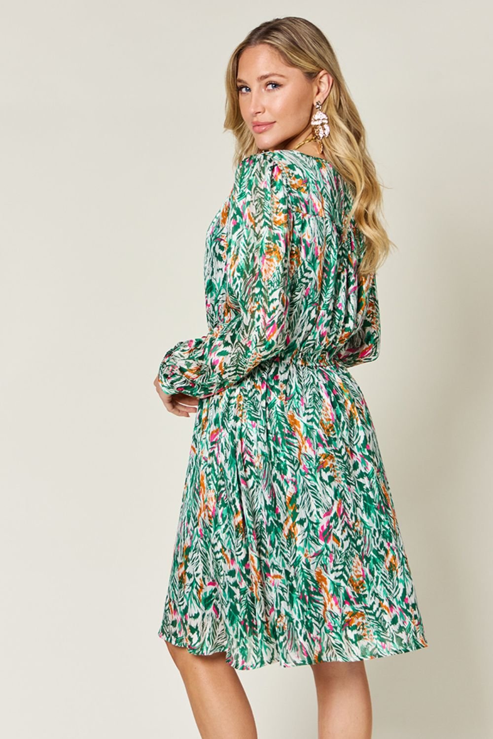 Double Take Full Size Printed Drawstring Waist Long Sleeve Dress - Bella Blue Styles