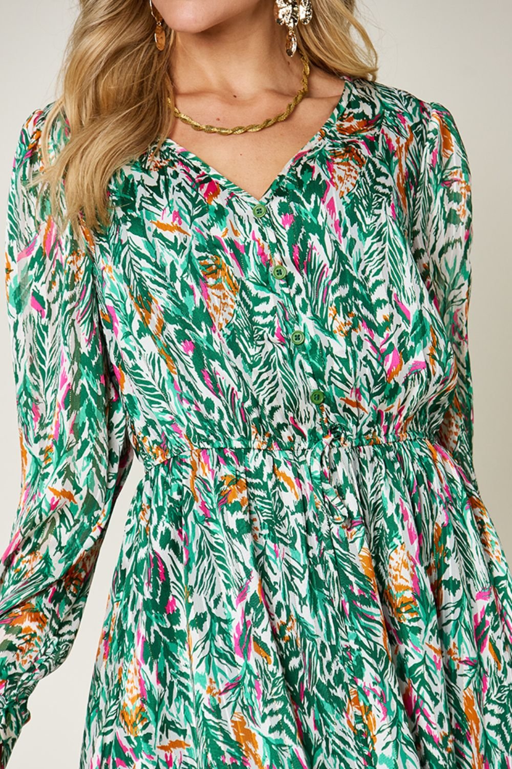 Double Take Full Size Printed Drawstring Waist Long Sleeve Dress - Bella Blue Styles