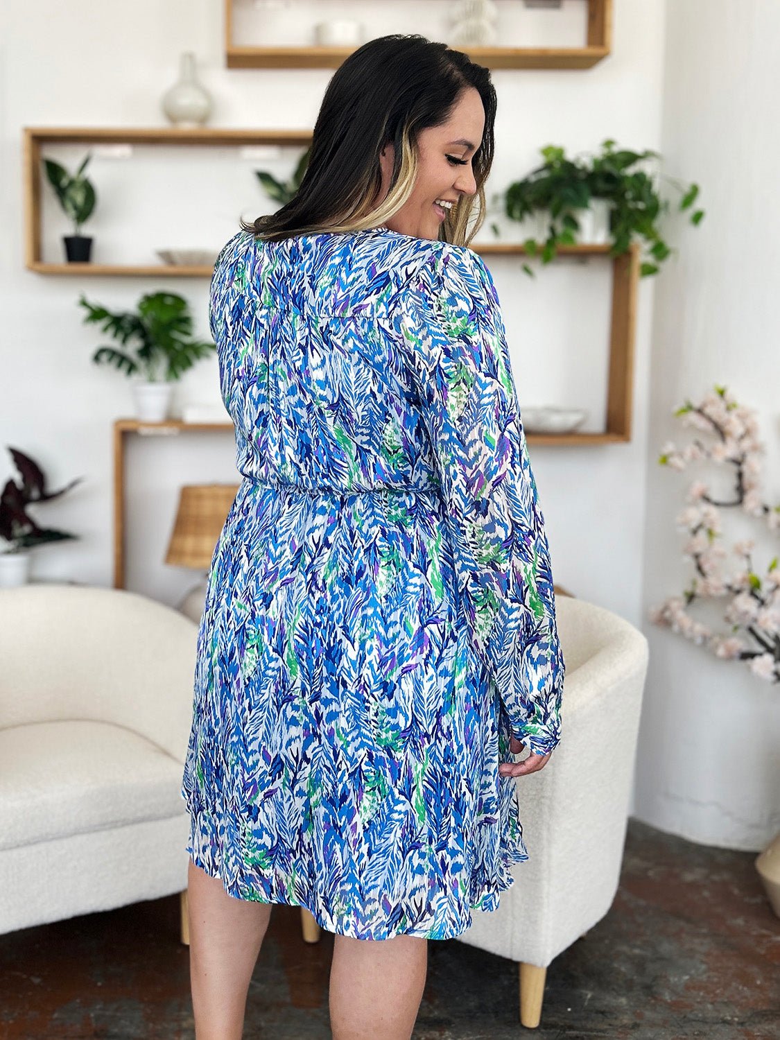 Double Take Full Size Printed Drawstring Waist Long Sleeve Dress - Bella Blue Styles