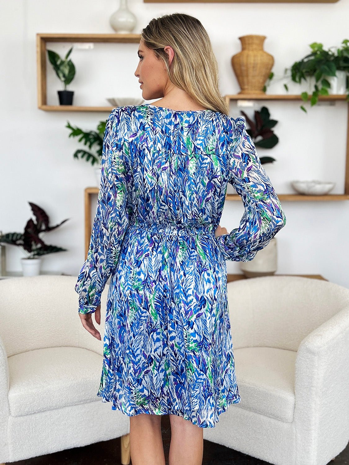 Double Take Full Size Printed Drawstring Waist Long Sleeve Dress - Bella Blue Styles