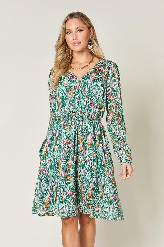 Double Take Full Size Printed Drawstring Waist Long Sleeve Dress - Bella Blue Styles