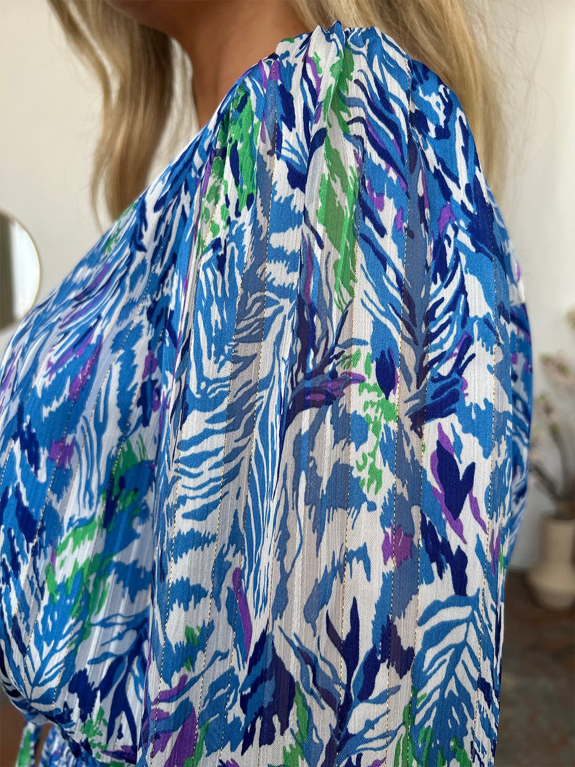 Double Take Full Size Printed Drawstring Waist Long Sleeve Dress - Bella Blue Styles