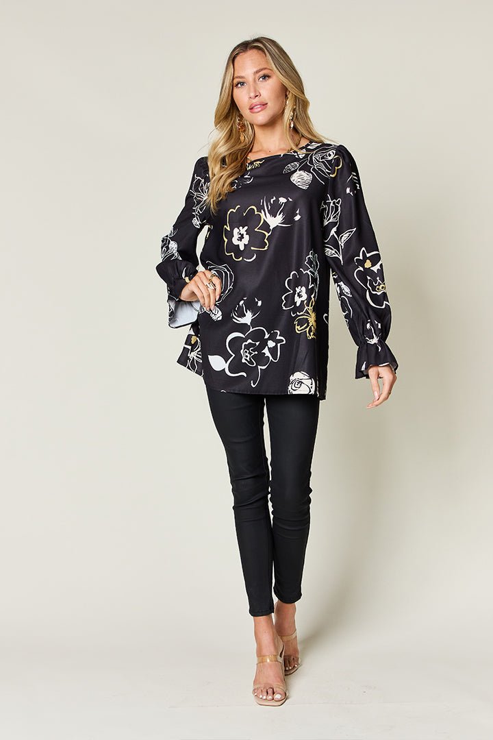 Double Take Full Size Printed Flounce Sleeve Blouse - Bella Blue Styles