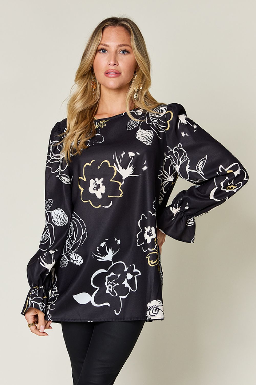 Double Take Full Size Printed Flounce Sleeve Blouse - Bella Blue Styles