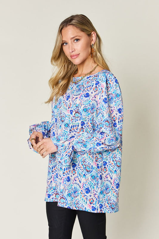 Double Take Full Size Printed Flounce Sleeve Blouse - Bella Blue Styles