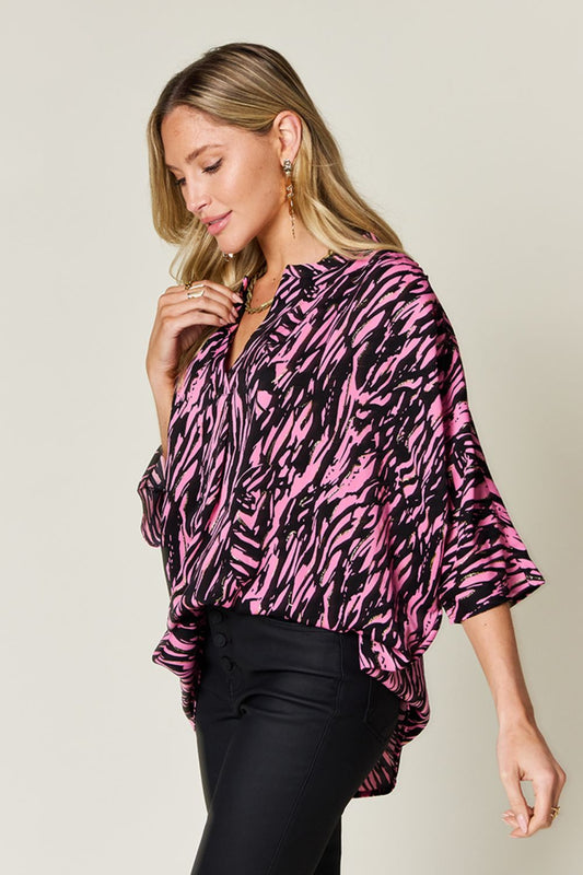 Double Take Full Size Printed Notched Three - Quarter Sleeve Blouse - Bella Blue Styles