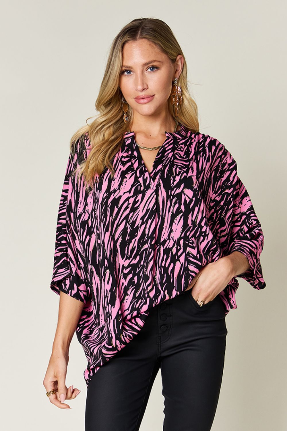 Double Take Full Size Printed Notched Three - Quarter Sleeve Blouse - Bella Blue Styles