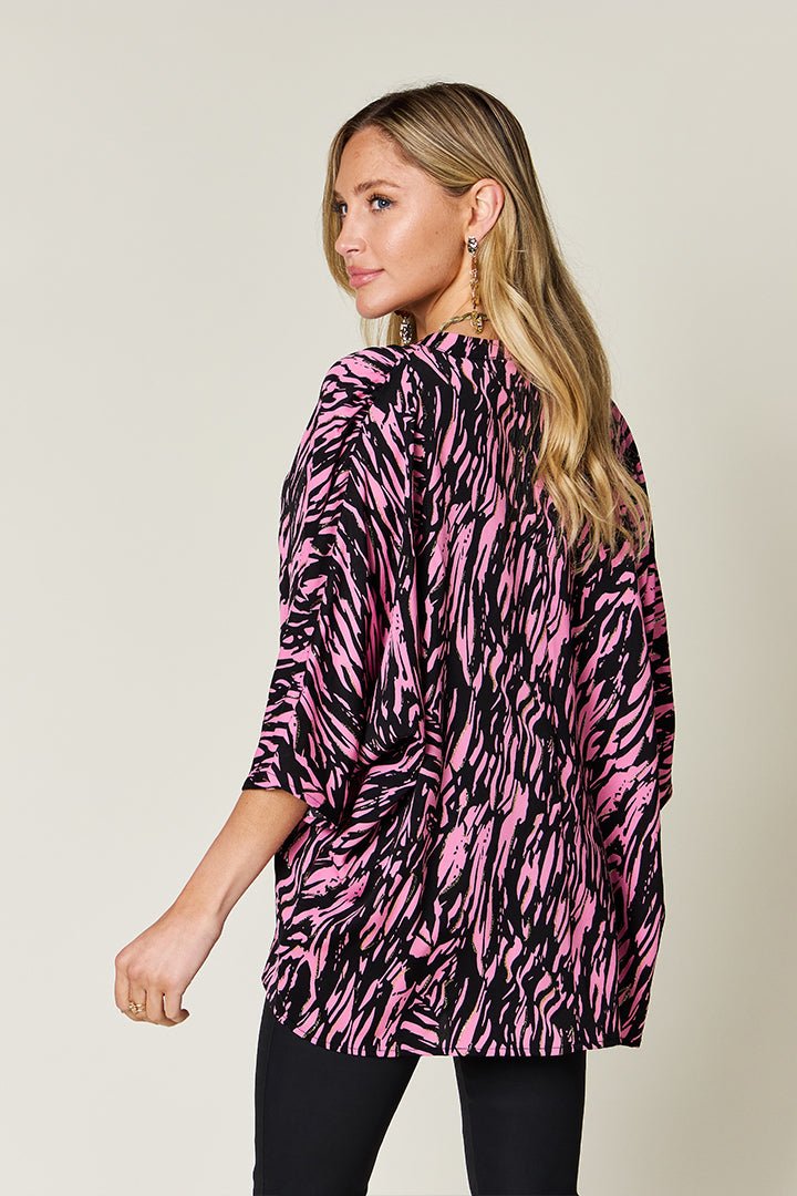 Double Take Full Size Printed Notched Three - Quarter Sleeve Blouse - Bella Blue Styles