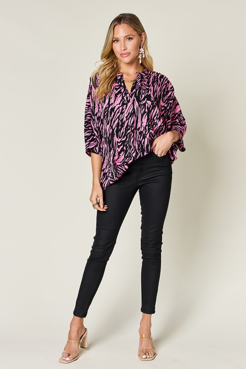 Double Take Full Size Printed Notched Three - Quarter Sleeve Blouse - Bella Blue Styles