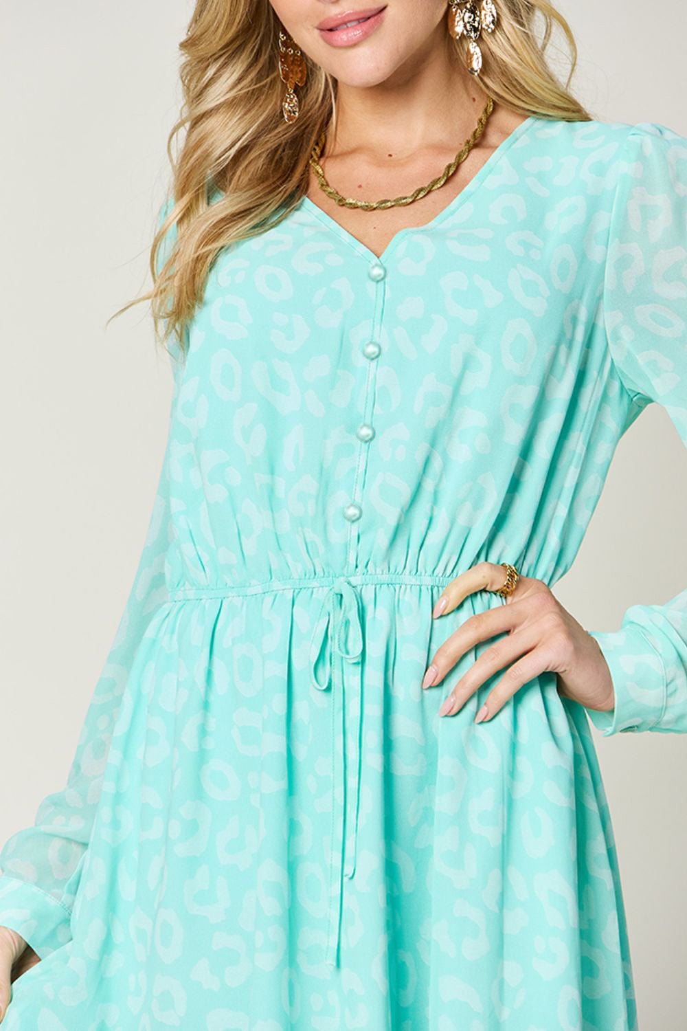 Double Take Full Size Printed Ruched V - Neck Long Sleeve Dress - Bella Blue Styles