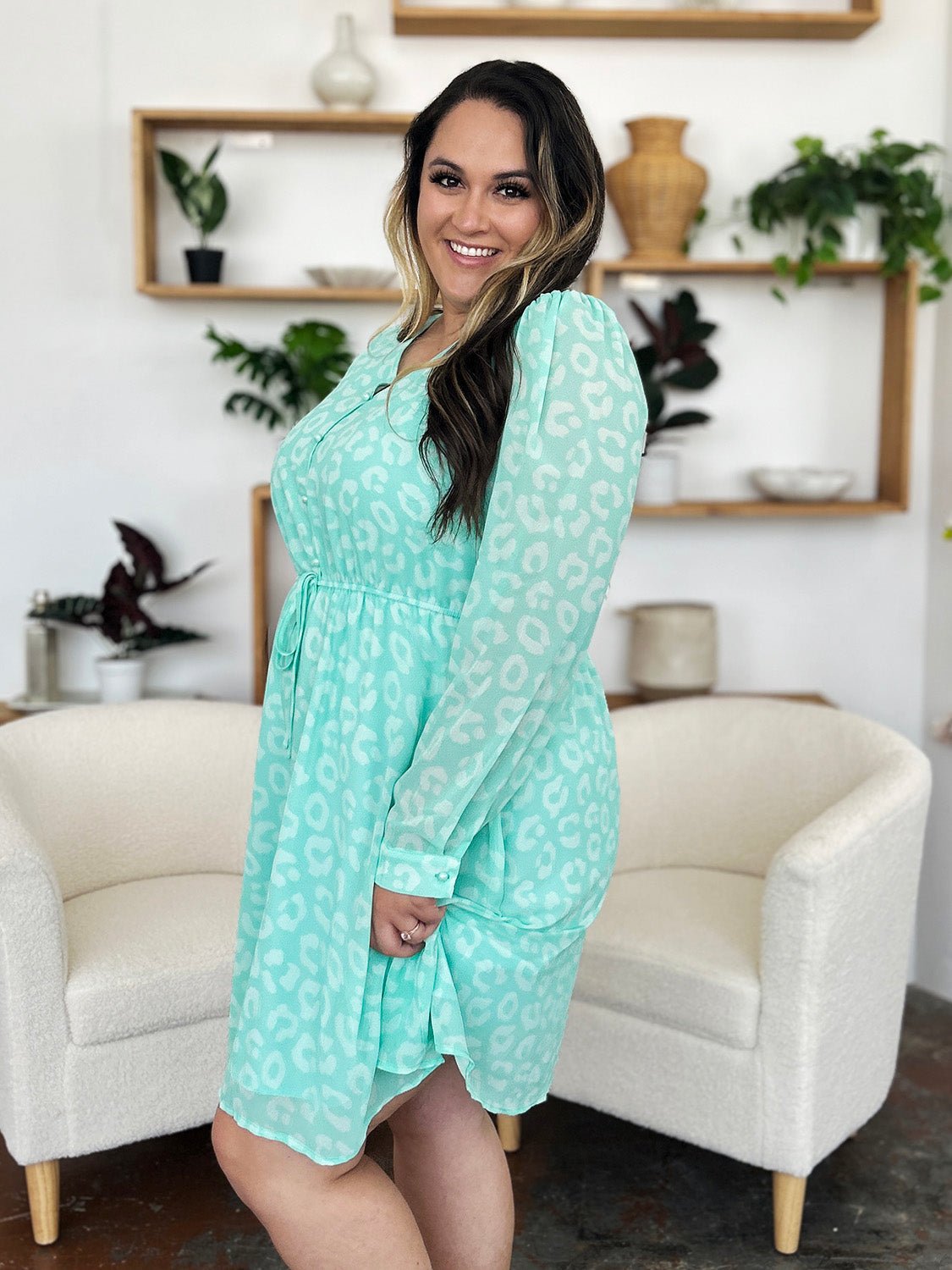 Double Take Full Size Printed Ruched V - Neck Long Sleeve Dress - Bella Blue Styles