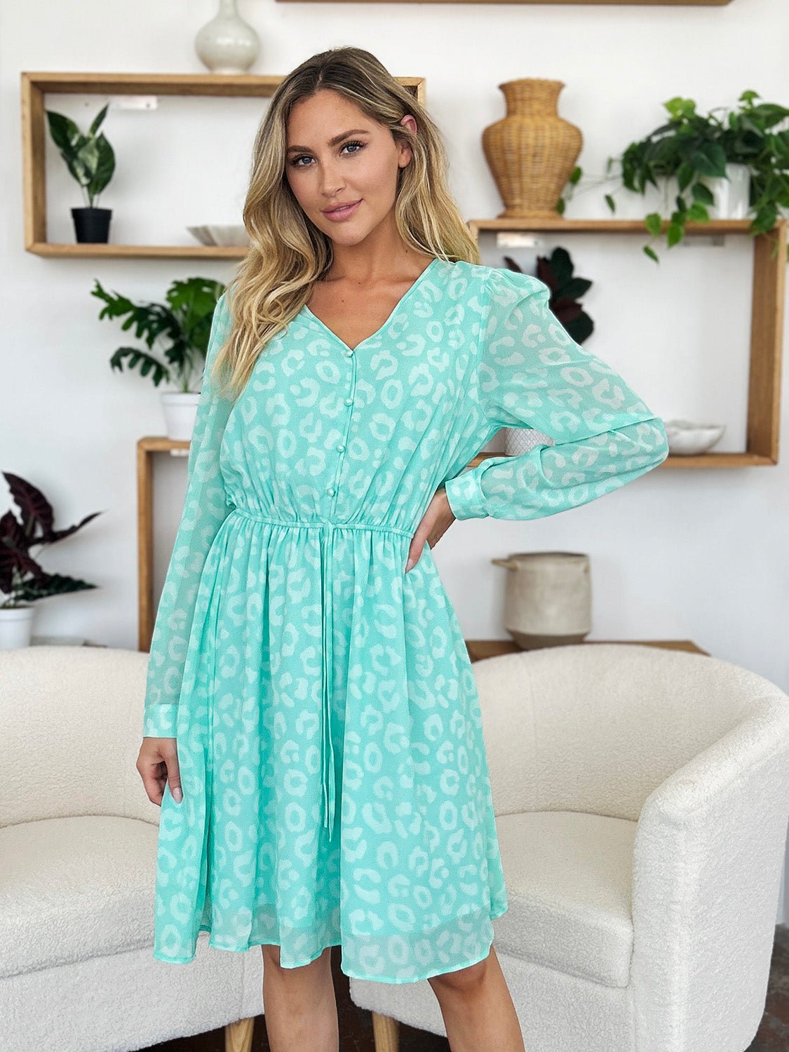 Double Take Full Size Printed Ruched V - Neck Long Sleeve Dress - Bella Blue Styles