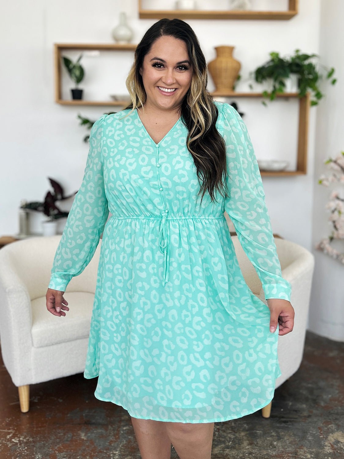 Double Take Full Size Printed Ruched V - Neck Long Sleeve Dress - Bella Blue Styles