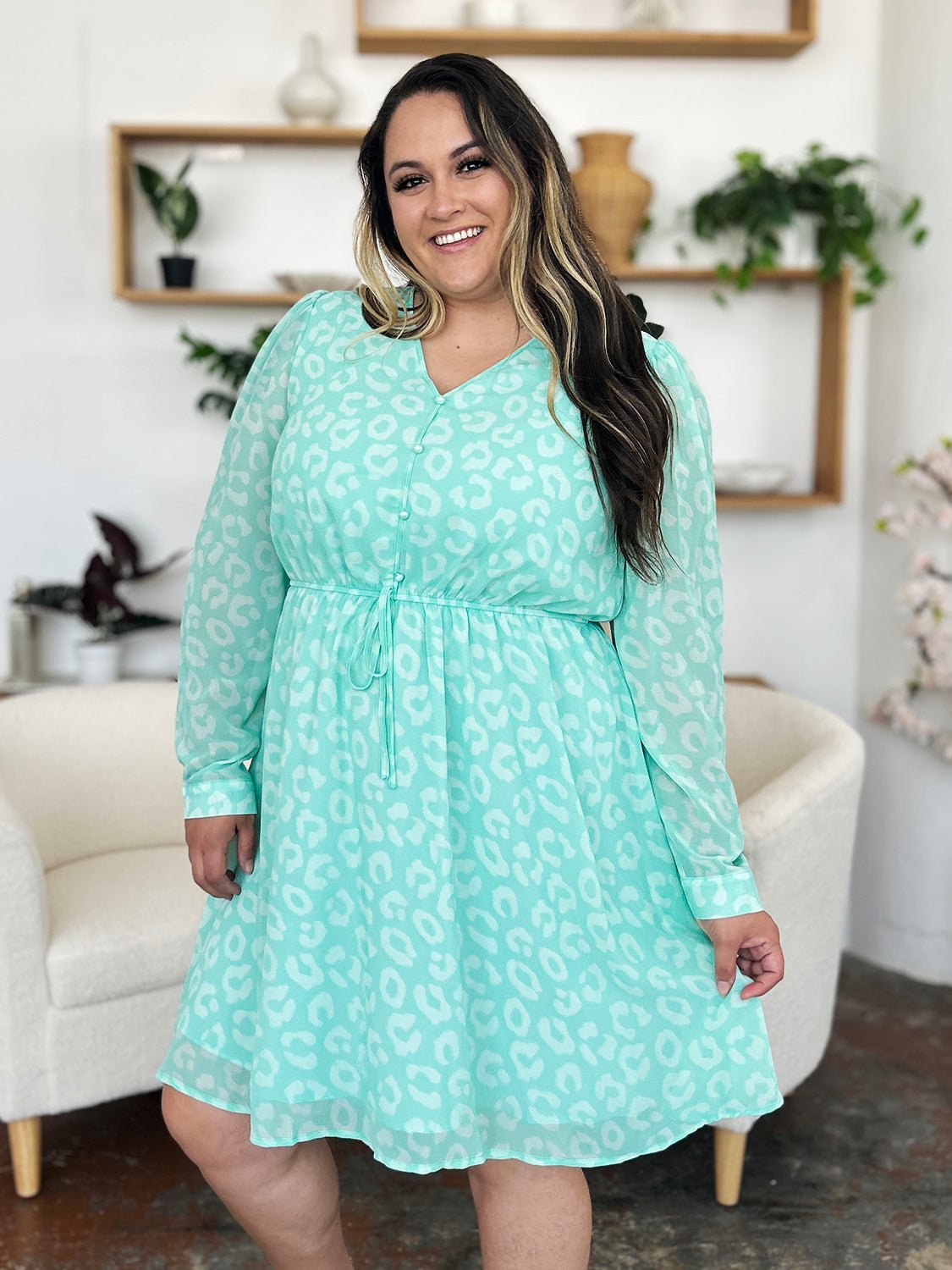Double Take Full Size Printed Ruched V - Neck Long Sleeve Dress - Bella Blue Styles