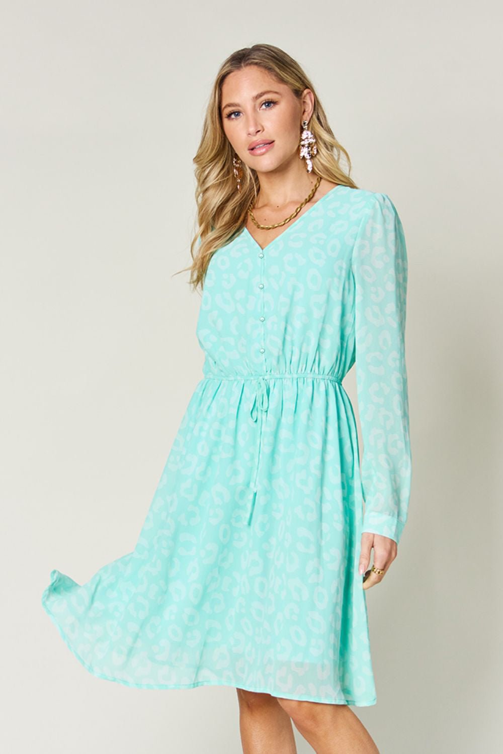 Double Take Full Size Printed Ruched V - Neck Long Sleeve Dress - Bella Blue Styles