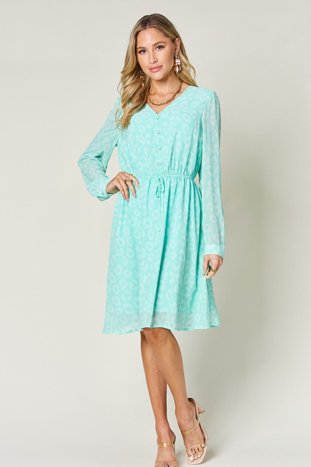 Double Take Full Size Printed Ruched V - Neck Long Sleeve Dress - Bella Blue Styles