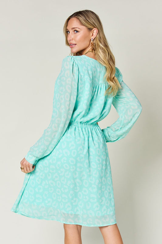 Double Take Full Size Printed Ruched V - Neck Long Sleeve Dress - Bella Blue Styles