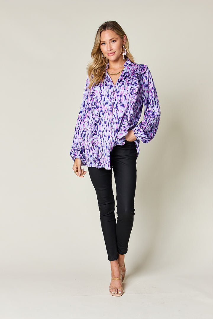 Double Take Full Size Printed Ruffle Trim Balloon Sleeve Shirt - Bella Blue Styles