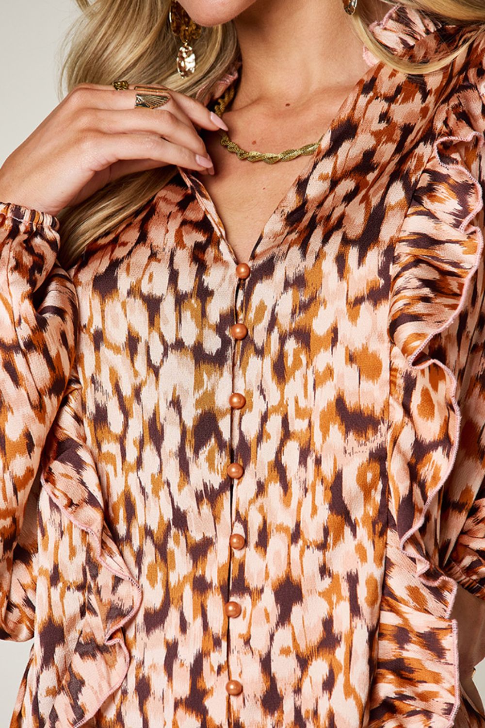 Double Take Full Size Printed Ruffle Trim Balloon Sleeve Shirt - Bella Blue Styles