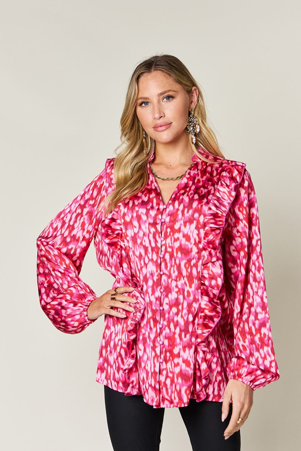 Double Take Full Size Printed Ruffle Trim Balloon Sleeve Shirt - Bella Blue Styles
