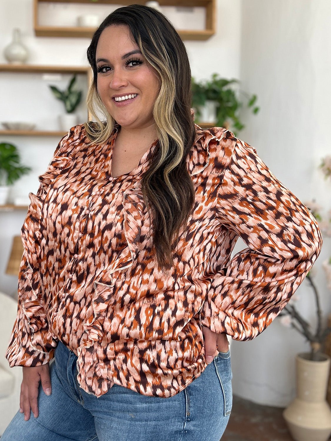 Double Take Full Size Printed Ruffle Trim Balloon Sleeve Shirt - Bella Blue Styles