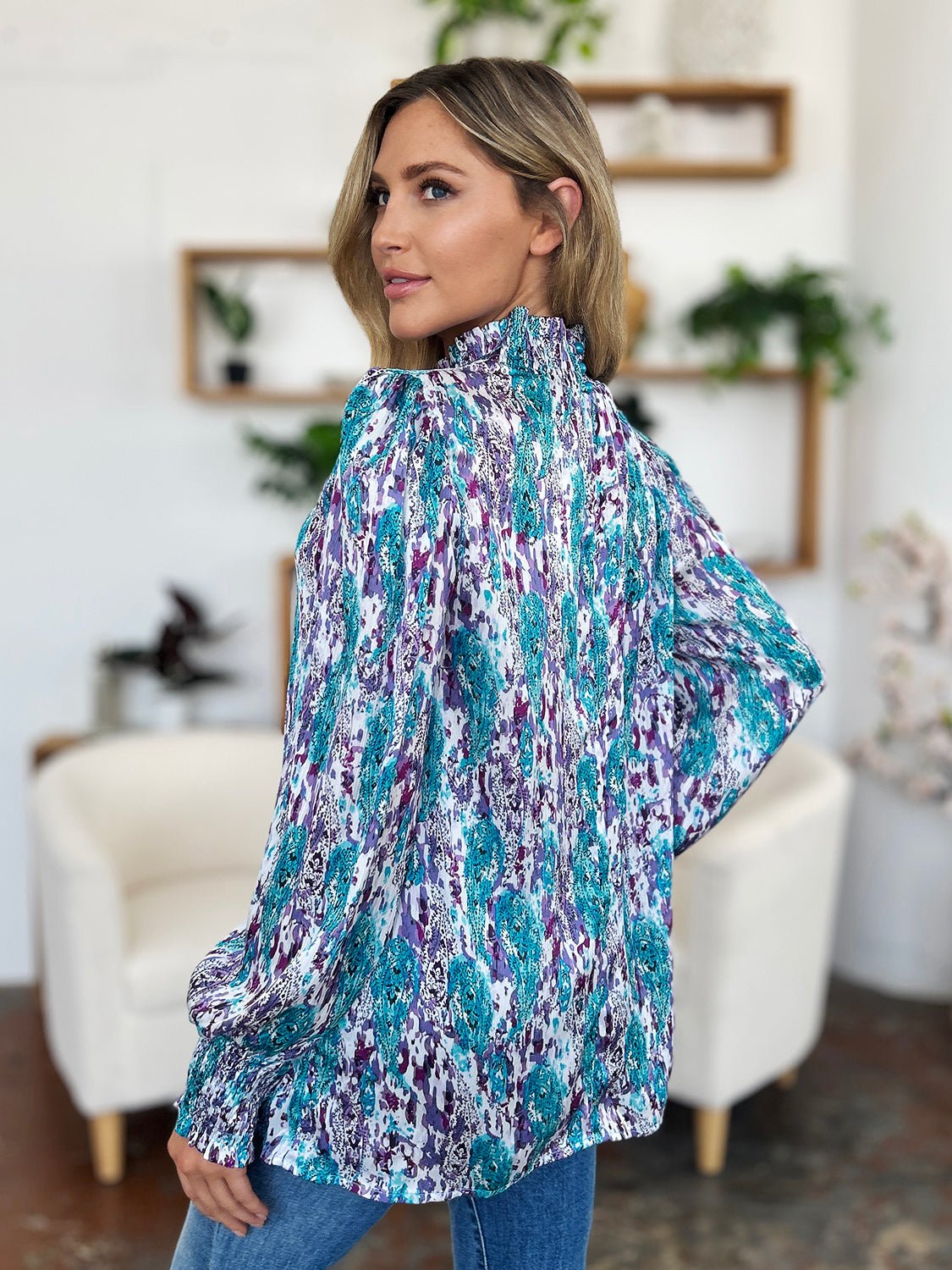 Double Take Full Size Printed Smocked Long Sleeve Blouse - Bella Blue Styles