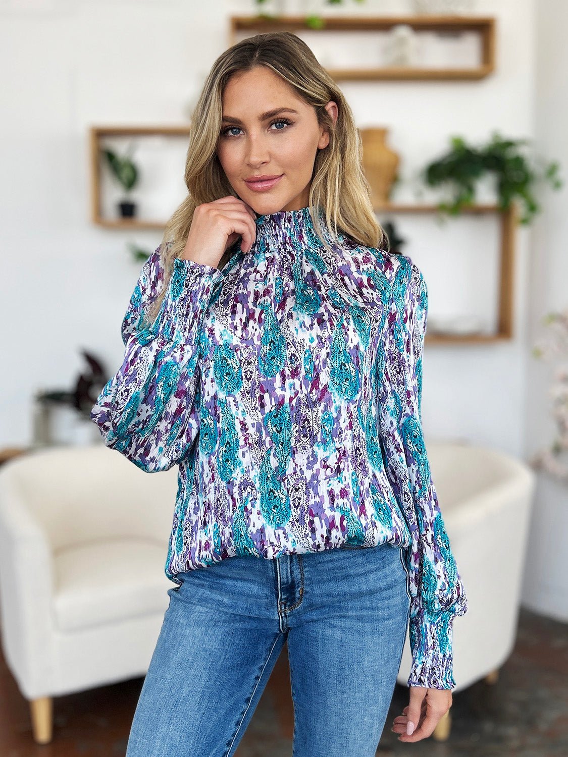 Double Take Full Size Printed Smocked Long Sleeve Blouse - Bella Blue Styles