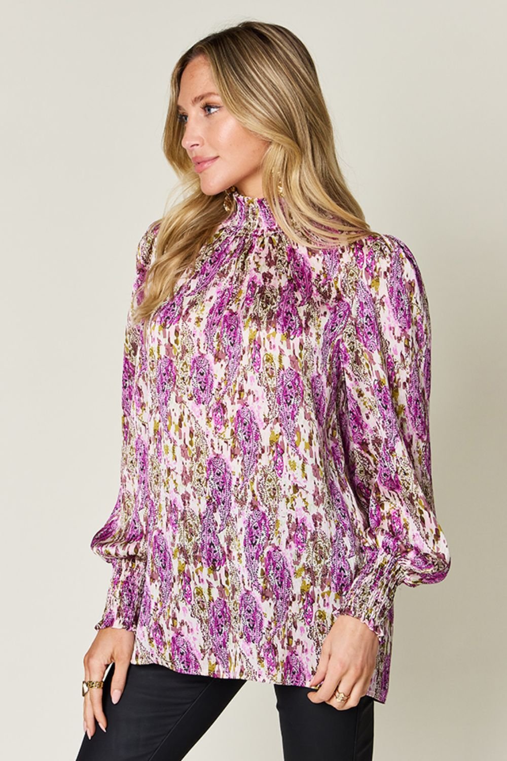 Double Take Full Size Printed Smocked Long Sleeve Blouse - Bella Blue Styles