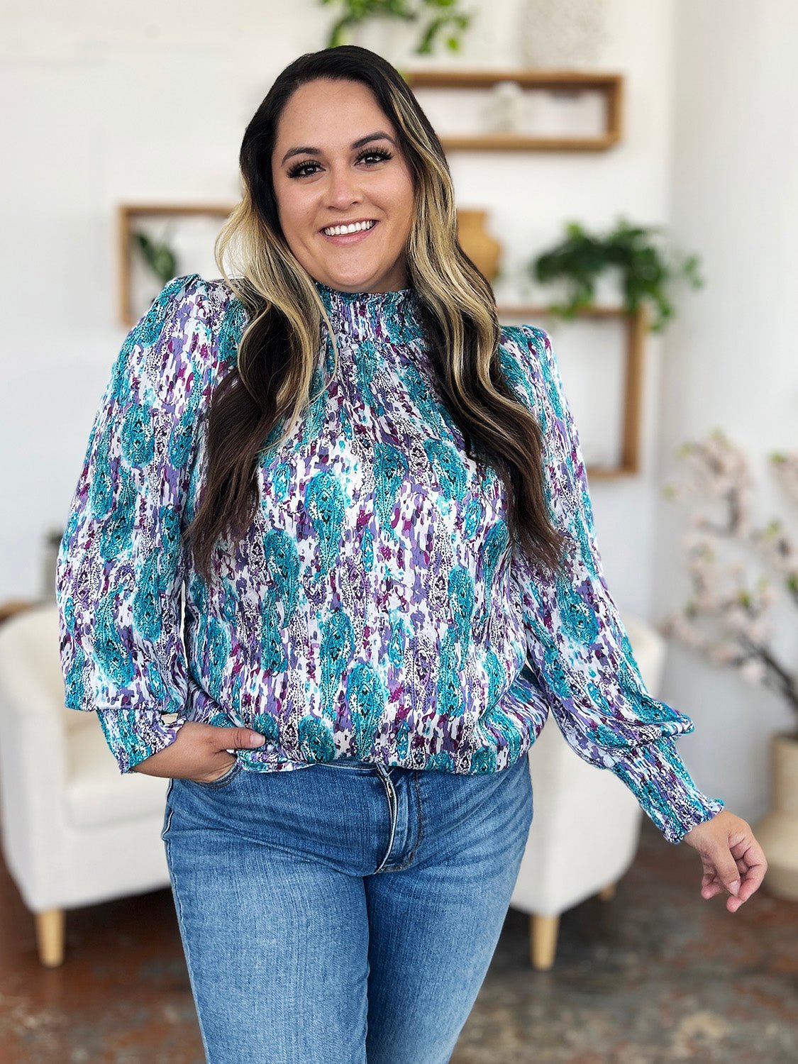 Double Take Full Size Printed Smocked Long Sleeve Blouse - Bella Blue Styles