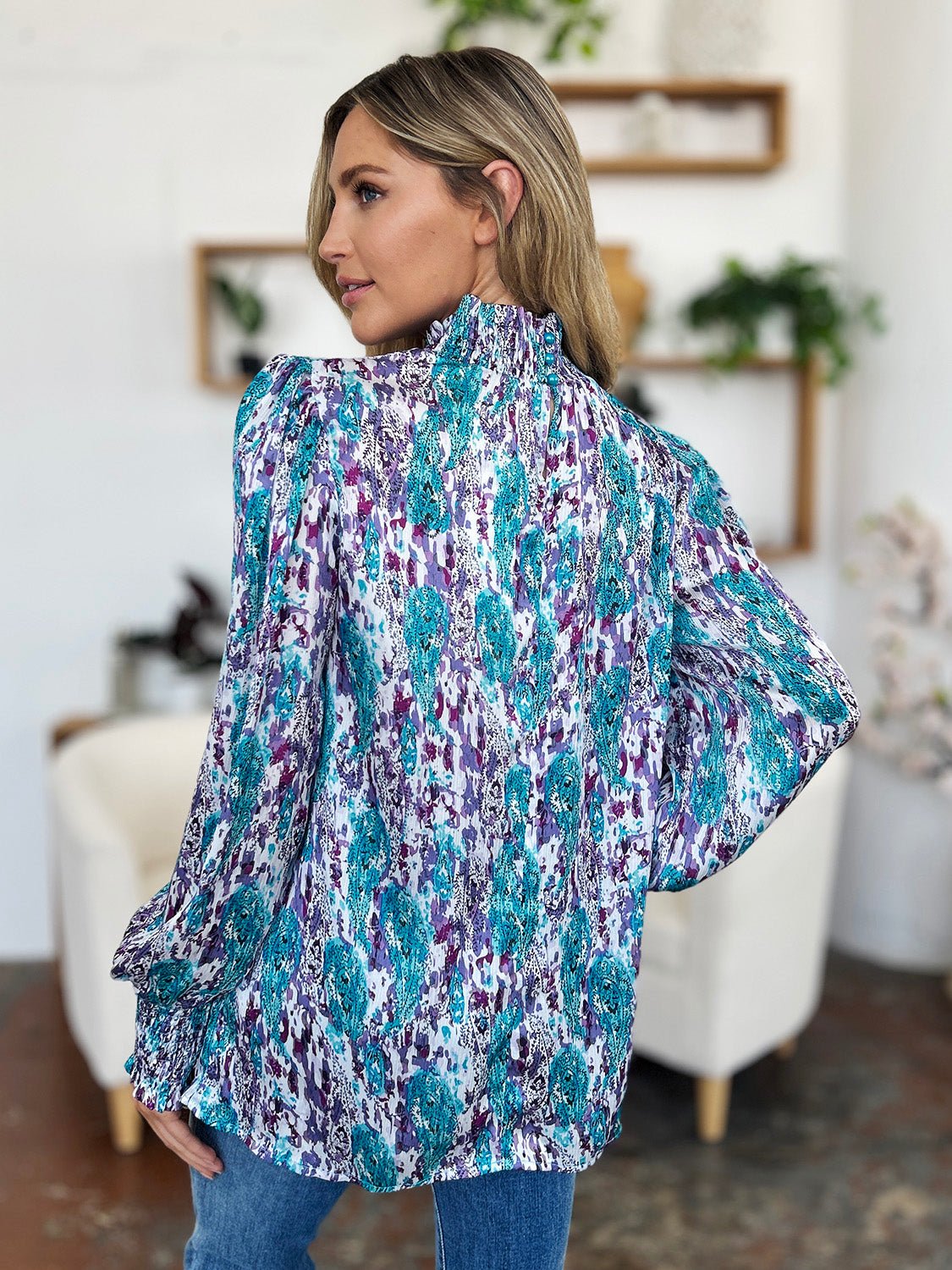 Double Take Full Size Printed Smocked Long Sleeve Blouse - Bella Blue Styles