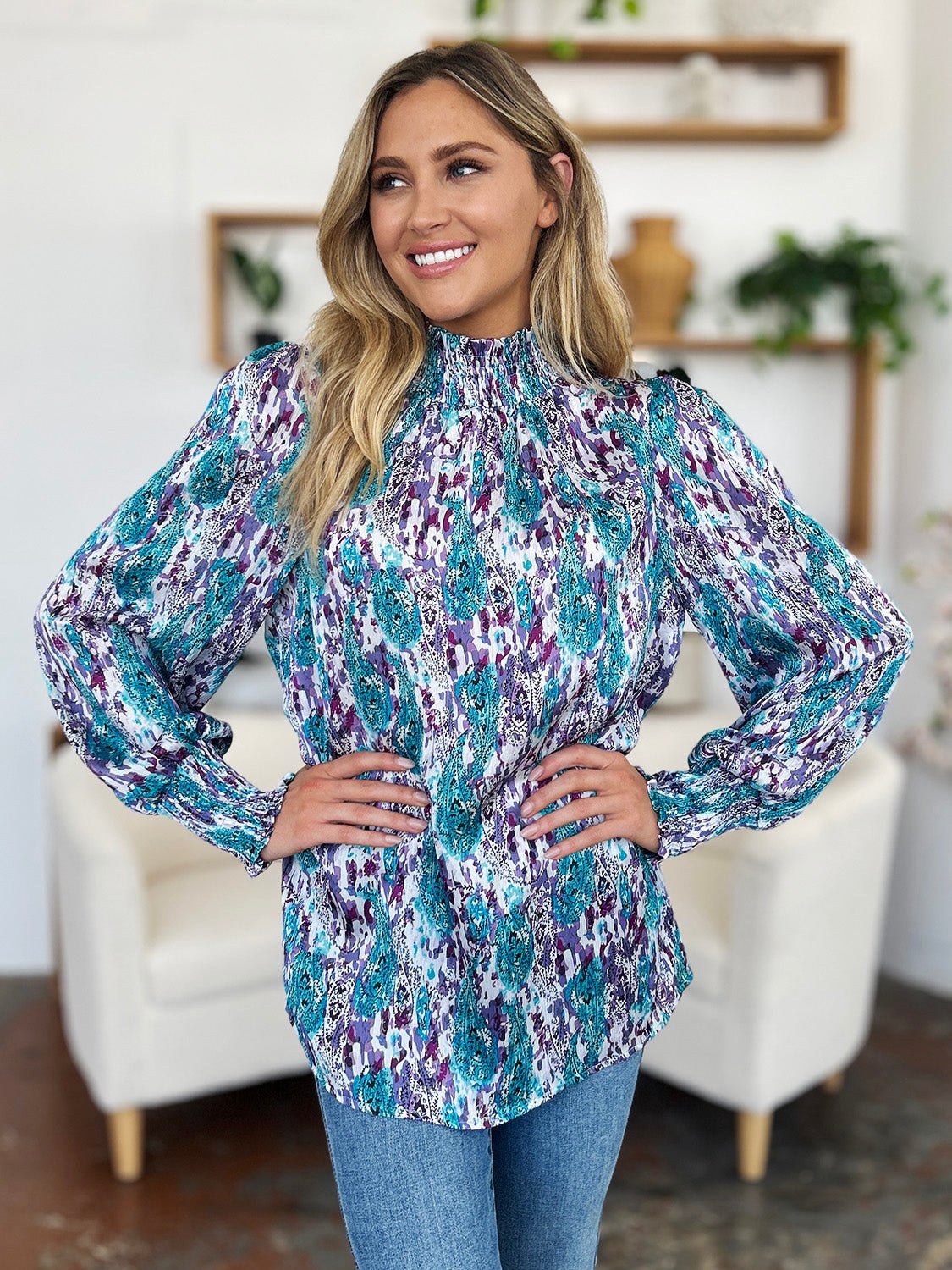 Double Take Full Size Printed Smocked Long Sleeve Blouse - Bella Blue Styles