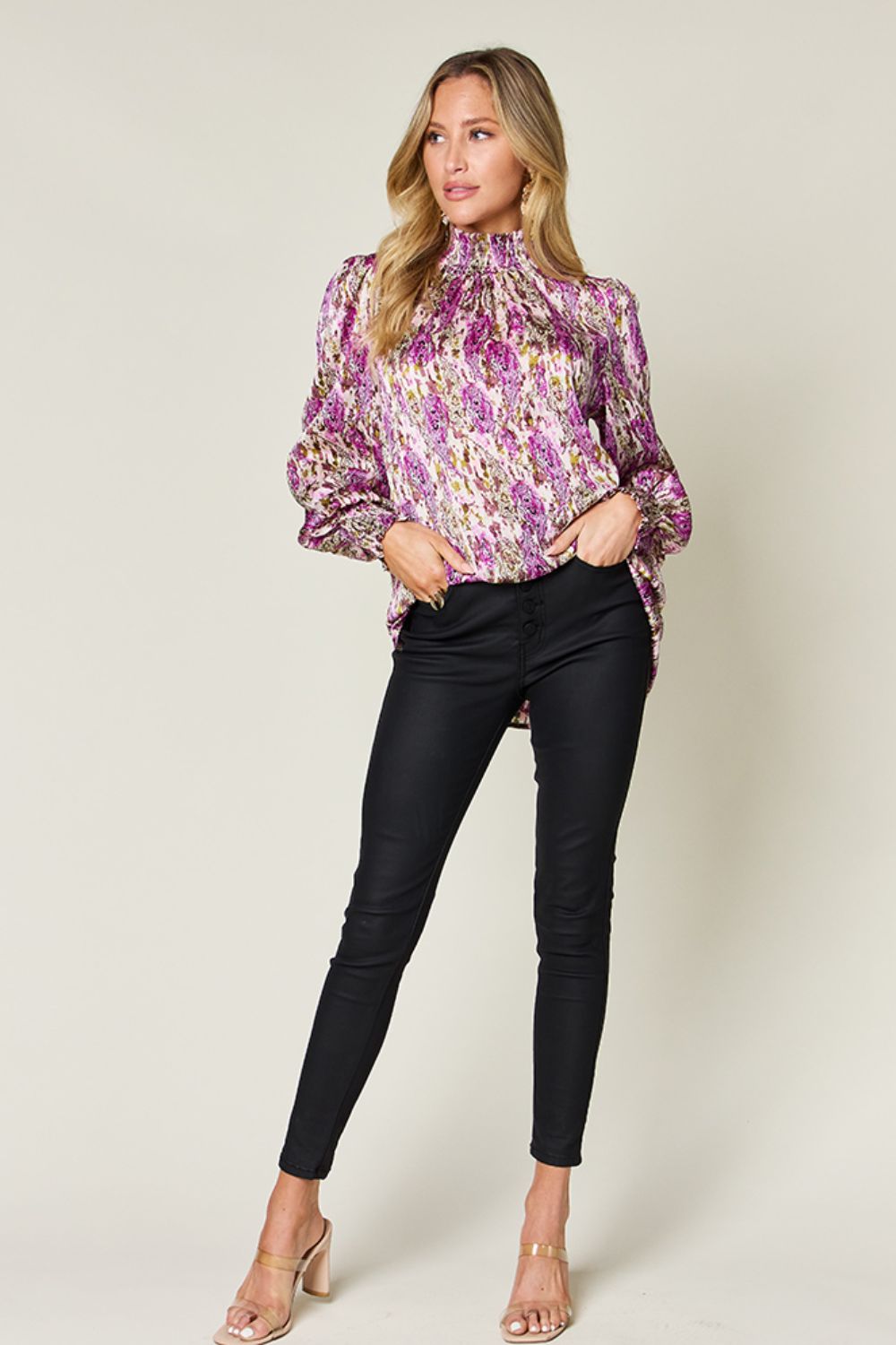Double Take Full Size Printed Smocked Long Sleeve Blouse - Bella Blue Styles