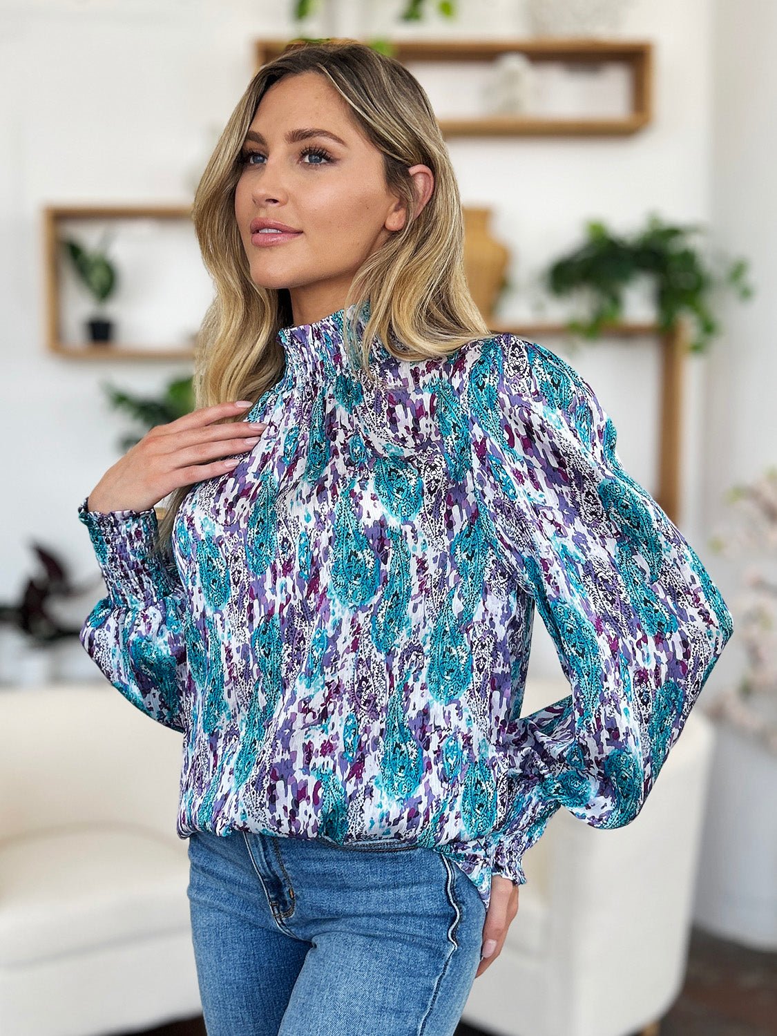 Double Take Full Size Printed Smocked Long Sleeve Blouse - Bella Blue Styles