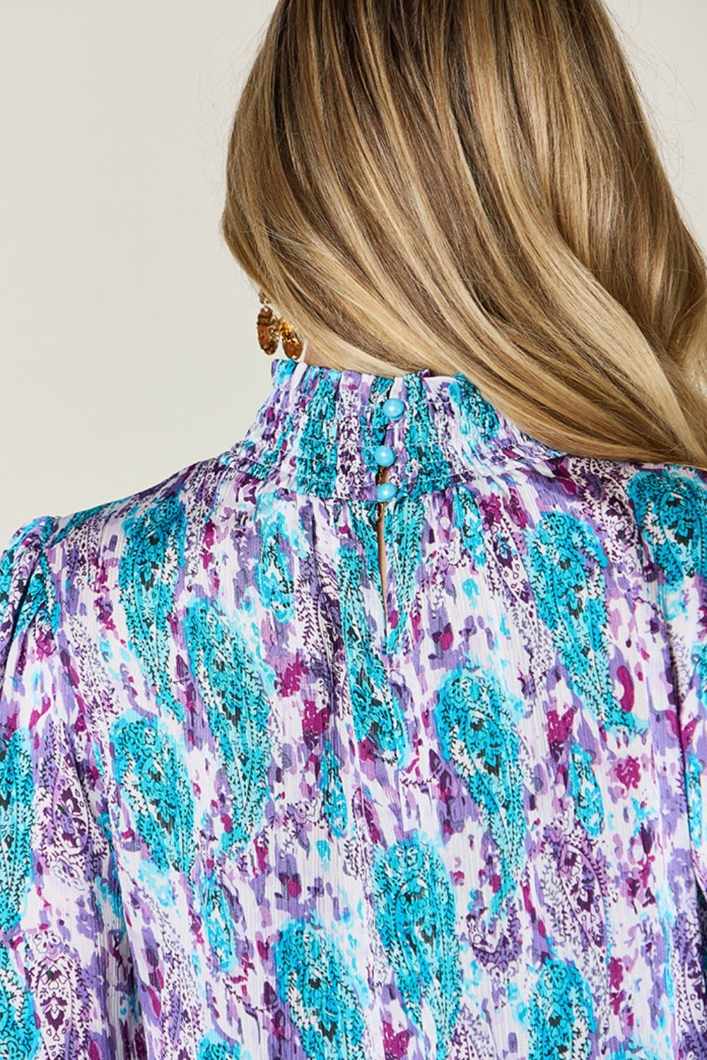 Double Take Full Size Printed Smocked Long Sleeve Blouse - Bella Blue Styles