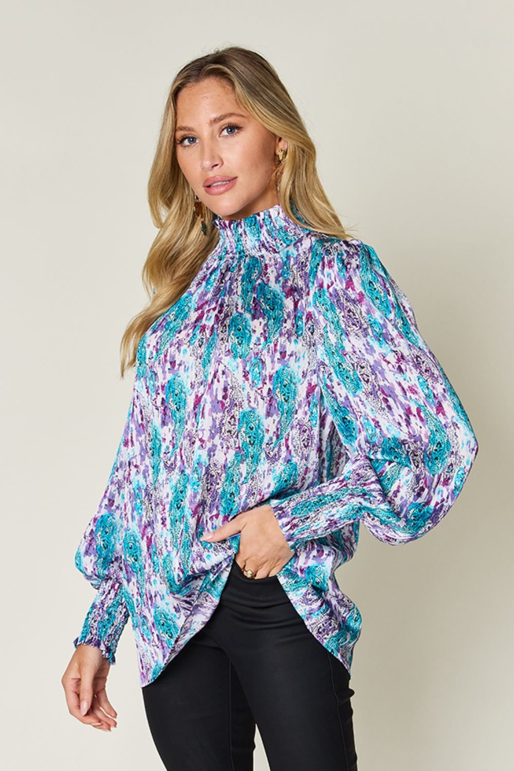 Double Take Full Size Printed Smocked Long Sleeve Blouse - Bella Blue Styles