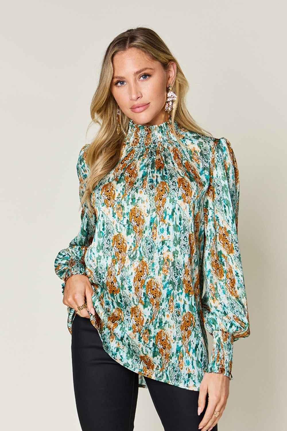 Double Take Full Size Printed Smocked Long Sleeve Blouse - Bella Blue Styles