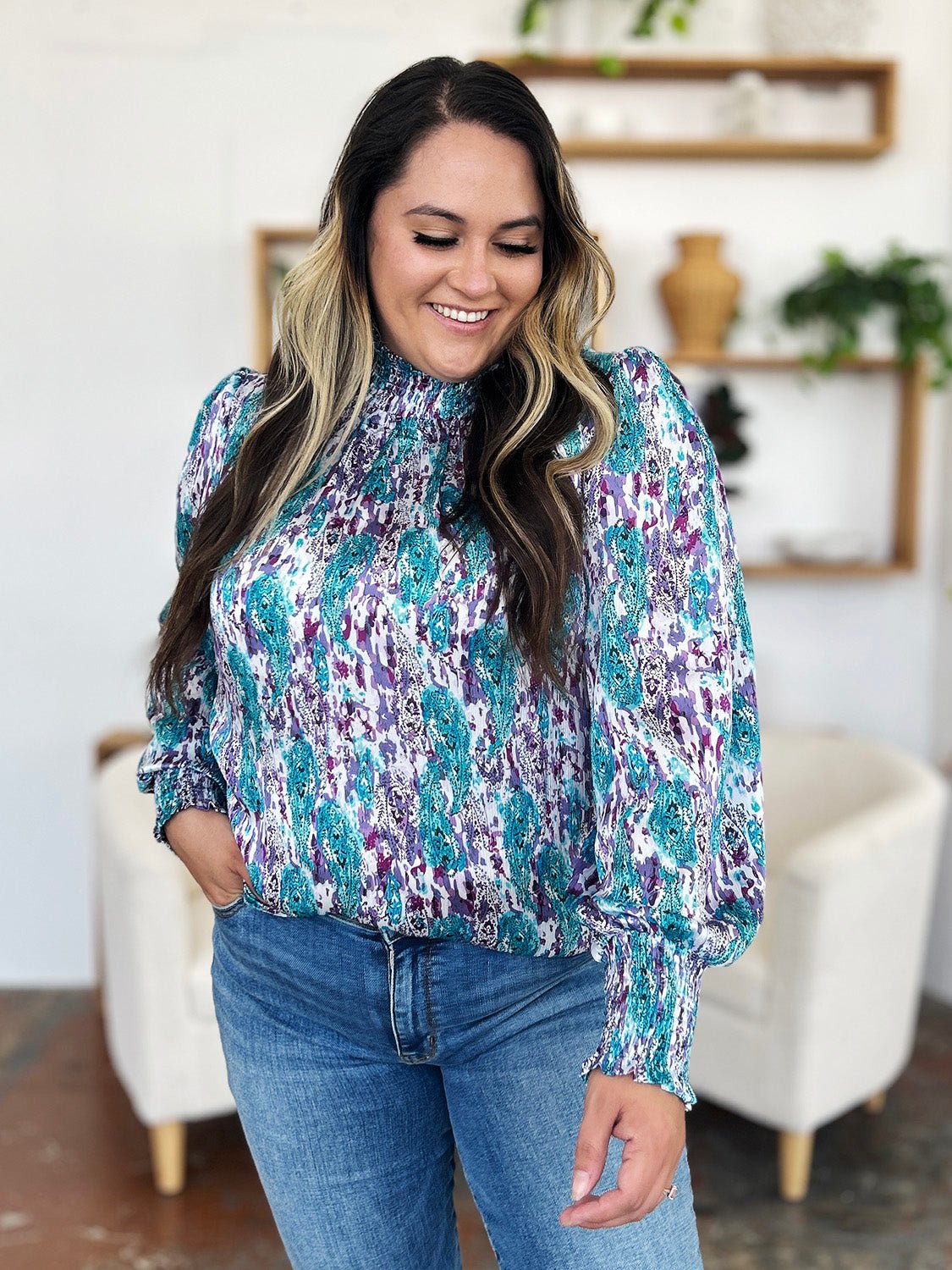 Double Take Full Size Printed Smocked Long Sleeve Blouse - Bella Blue Styles