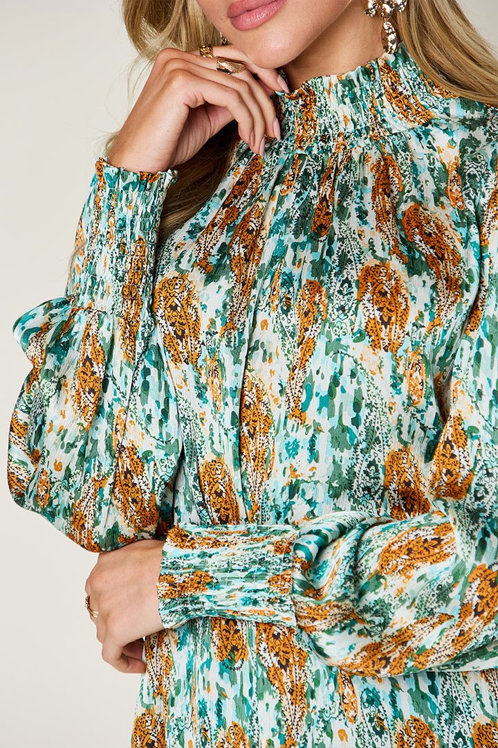 Double Take Full Size Printed Smocked Long Sleeve Blouse - Bella Blue Styles