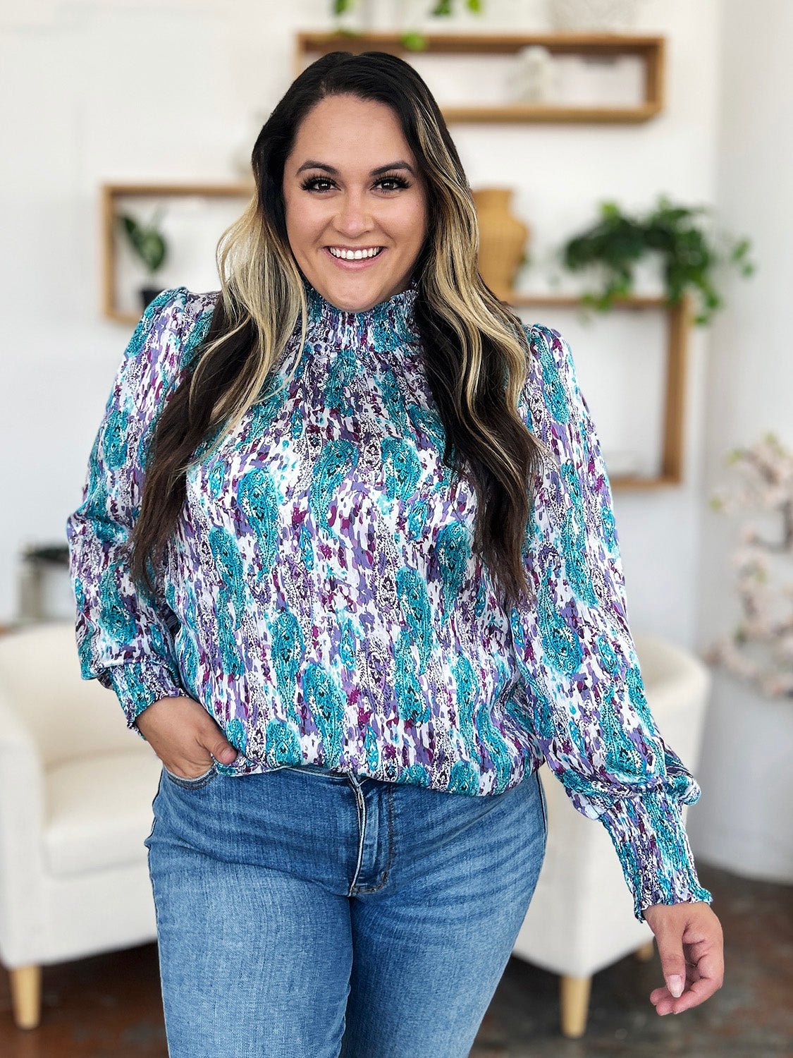 Double Take Full Size Printed Smocked Long Sleeve Blouse - Bella Blue Styles