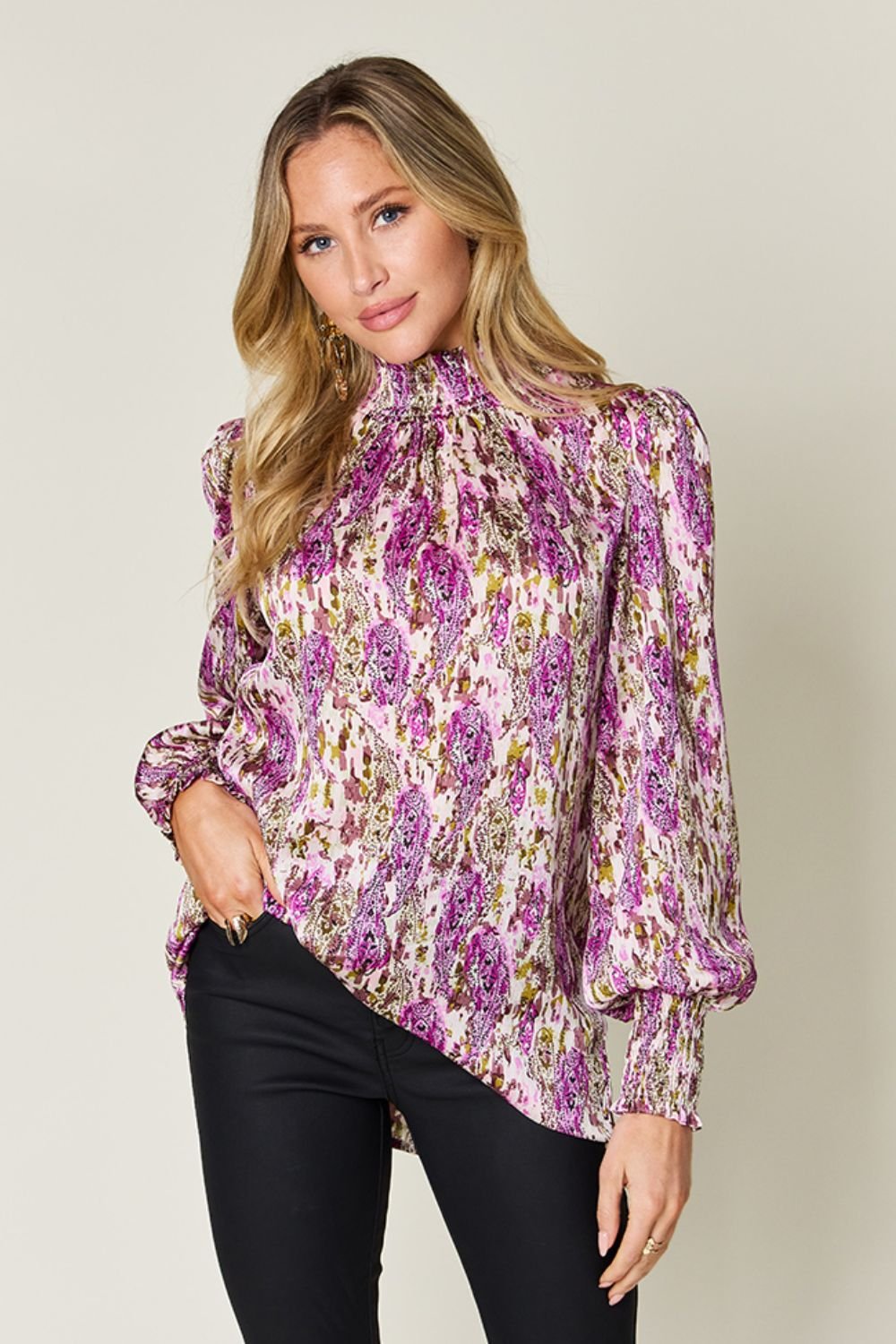 Double Take Full Size Printed Smocked Long Sleeve Blouse - Bella Blue Styles