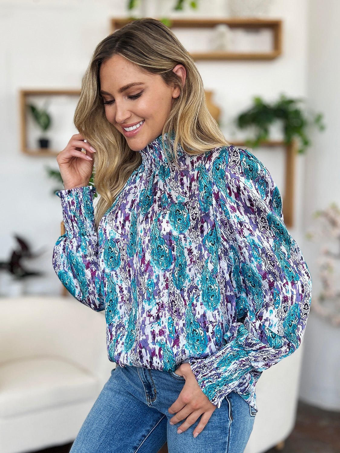 Double Take Full Size Printed Smocked Long Sleeve Blouse - Bella Blue Styles