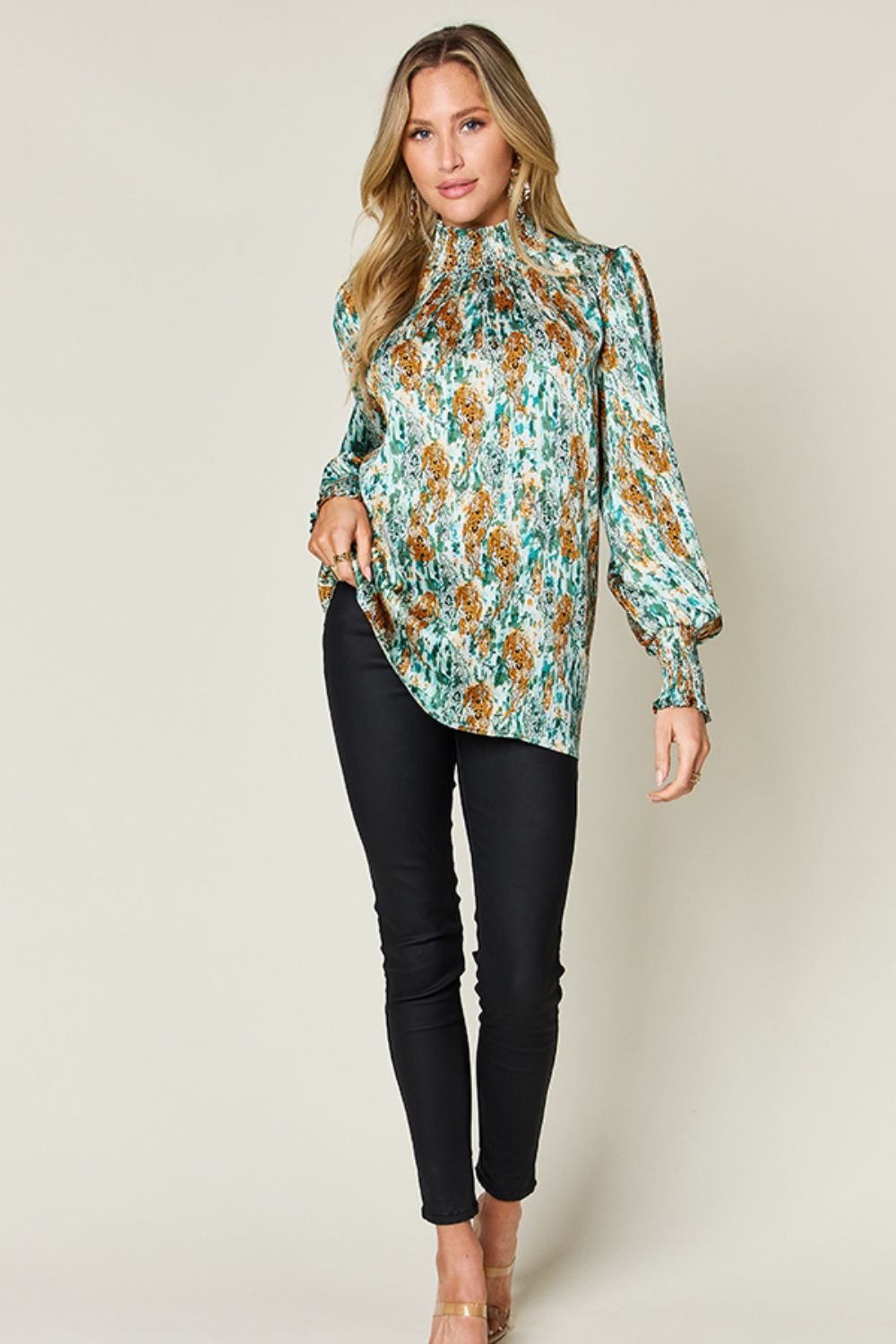 Double Take Full Size Printed Smocked Long Sleeve Blouse - Bella Blue Styles