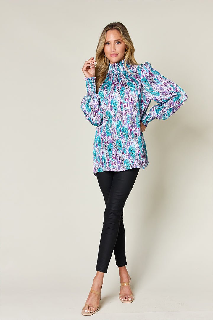 Double Take Full Size Printed Smocked Long Sleeve Blouse - Bella Blue Styles