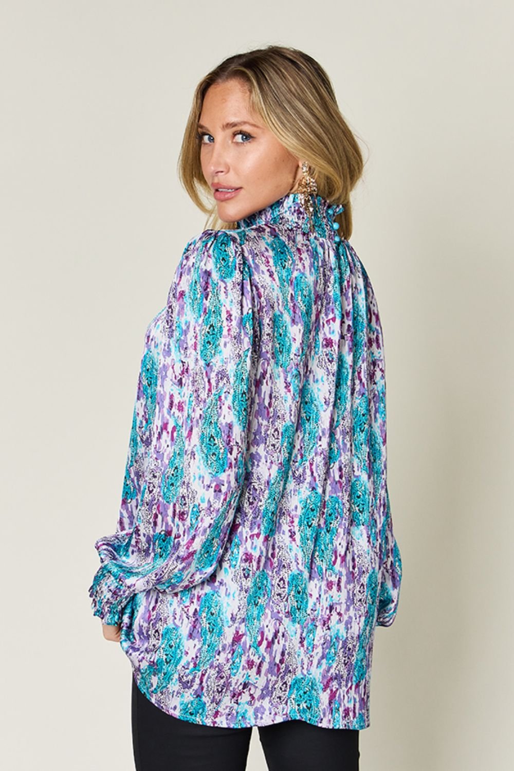Double Take Full Size Printed Smocked Long Sleeve Blouse - Bella Blue Styles