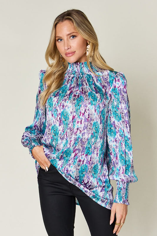 Double Take Full Size Printed Smocked Long Sleeve Blouse - Bella Blue Styles
